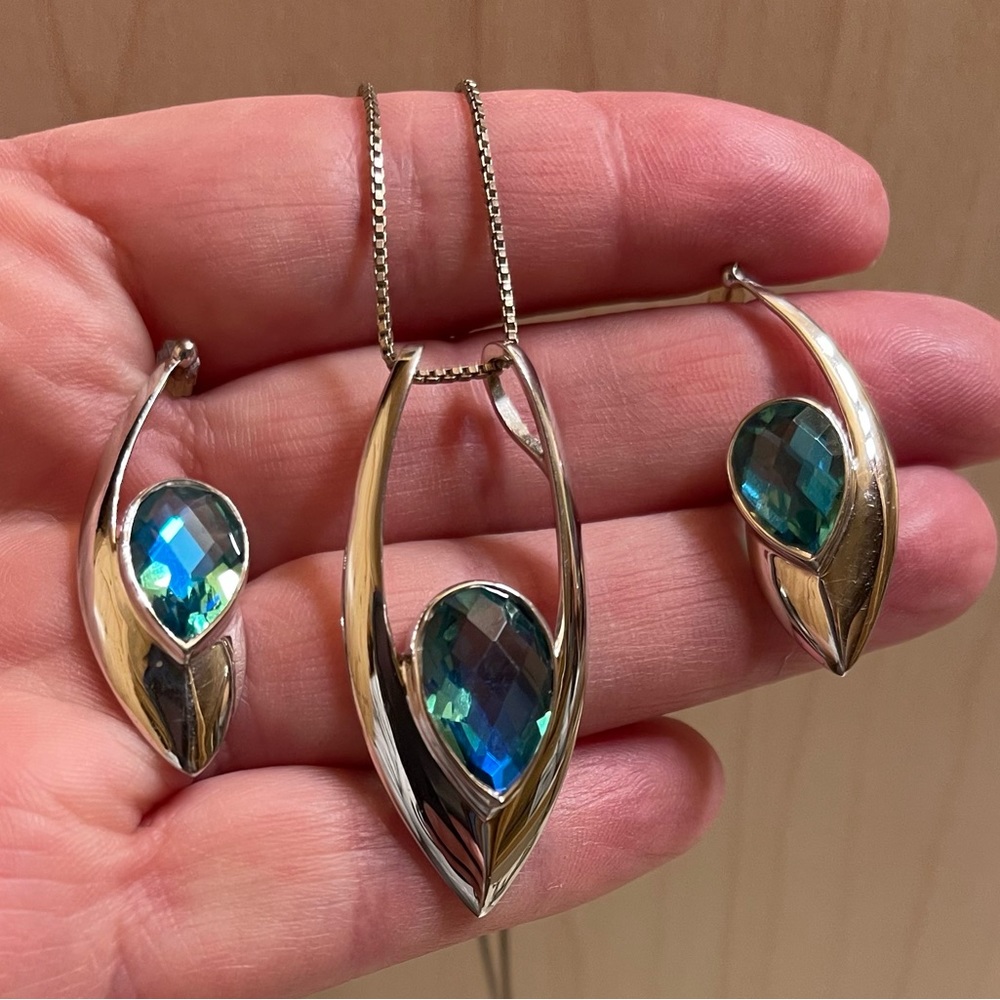 Stunning! Caribbean Blue Green Quartz Pendant & Earrings Set Sterling Silver - Picture 4 of 14